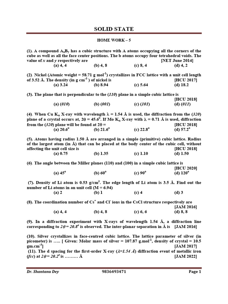 Solid State Chemistry Homework Questions | PDF | Crystal Structure ...