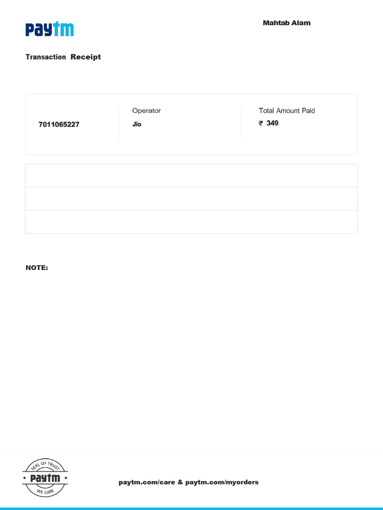 Paytm Transaction Receipt and Invoice | PDF | Invoice | Receipt