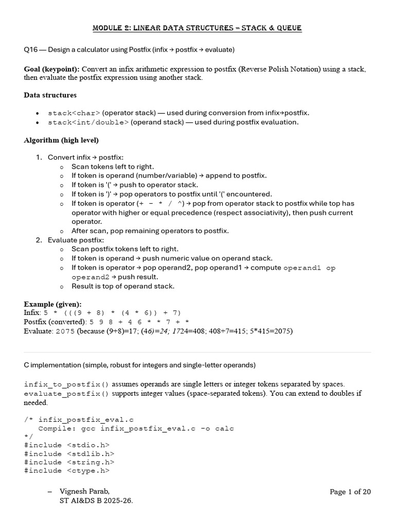 Postfix Calculator Design with Stacks | PDF | Queue (Abstract Data Type ...