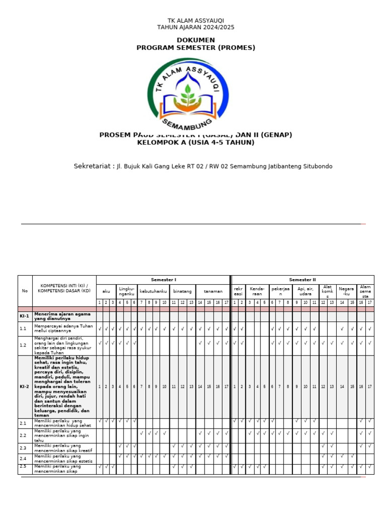 Prosem TK A 4-5 Tahun k13 Semester 1,2 | PDF