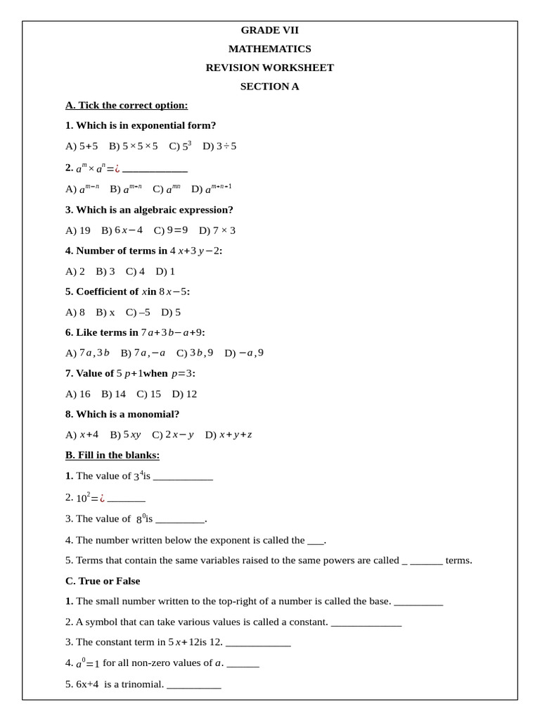 GRADE VII - Ut 2 Revision Sheet | PDF | Mathematics | Algebra