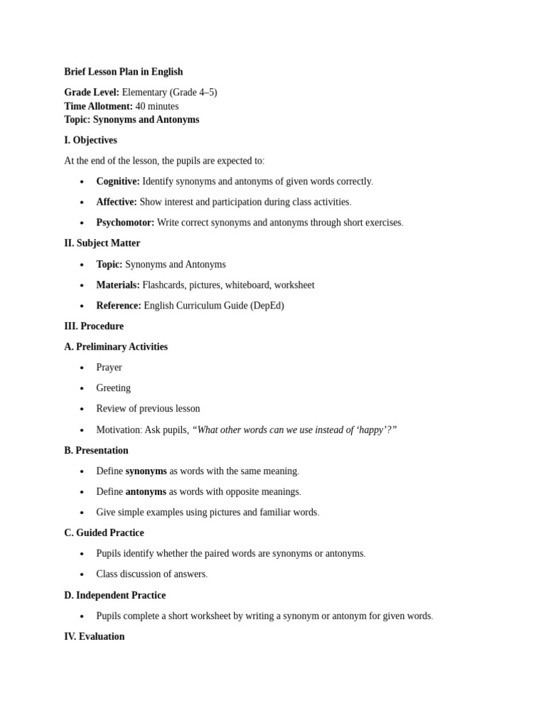 Synonyms and Antonyms Lesson Plan | PDF