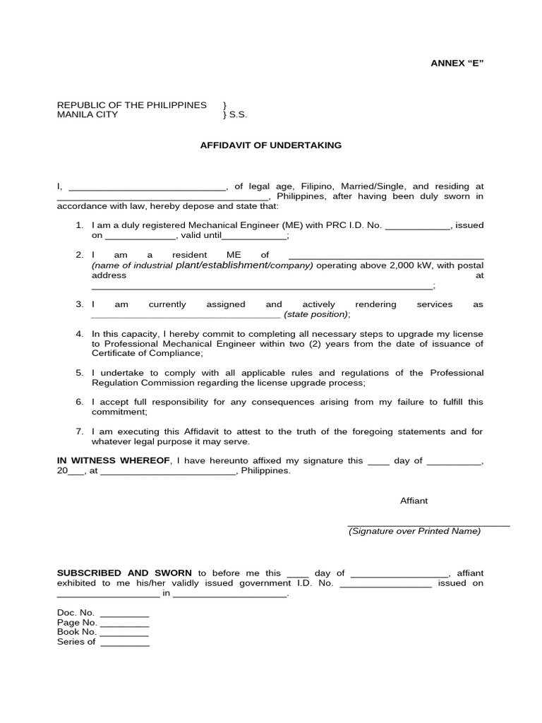 Affidavit of Undertaking for Engineers | PDF