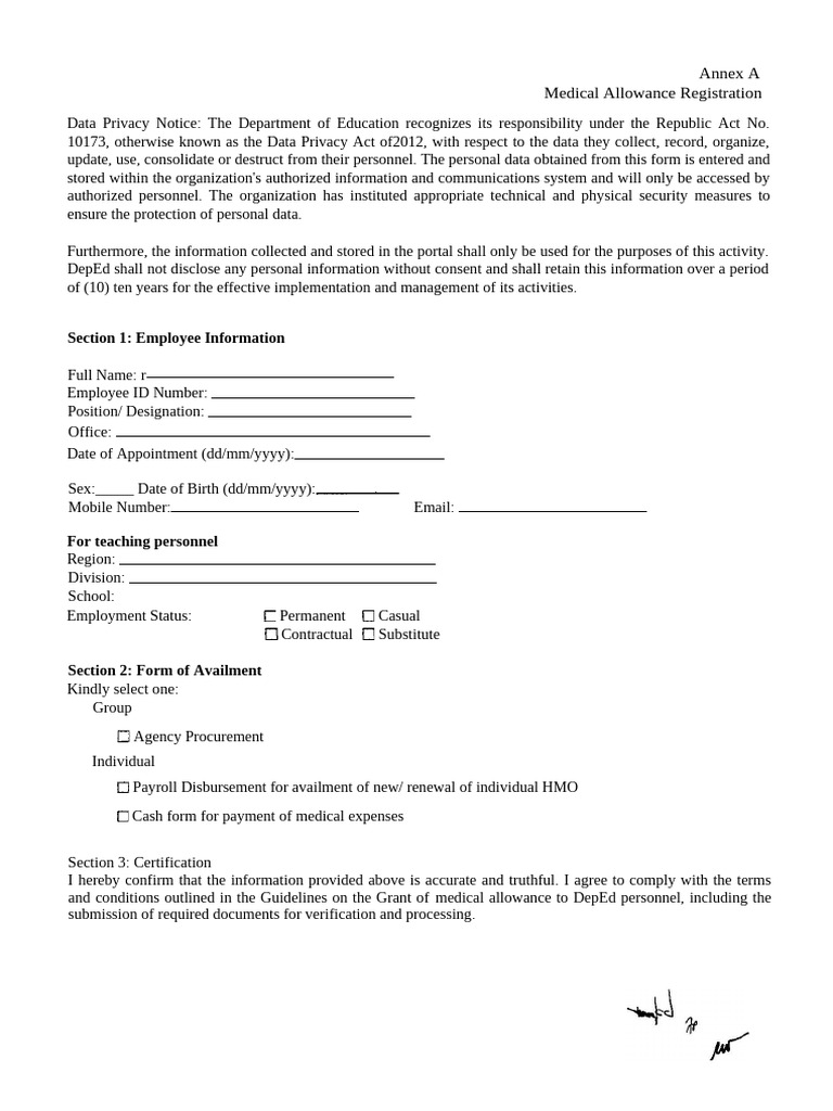 Medical Allowance Registration Form | PDF | Privacy | Employment