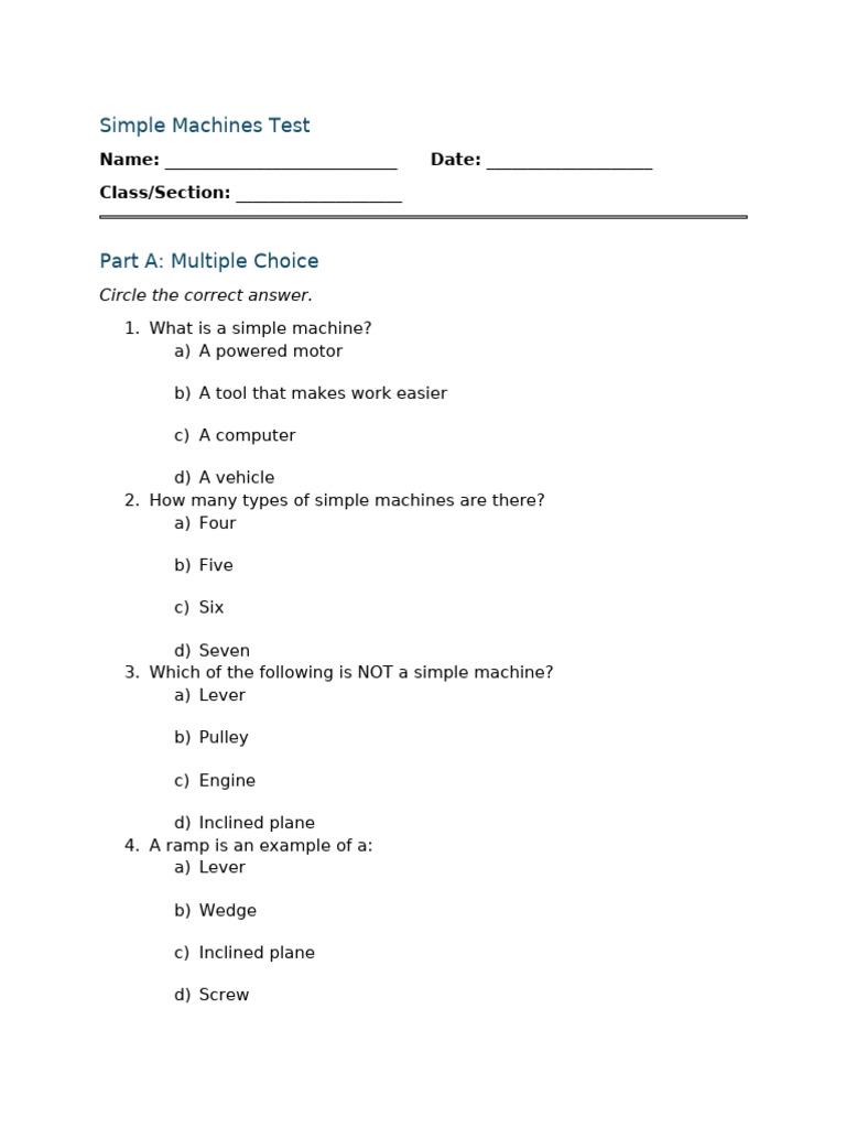 Simple Machines Test for Students | PDF