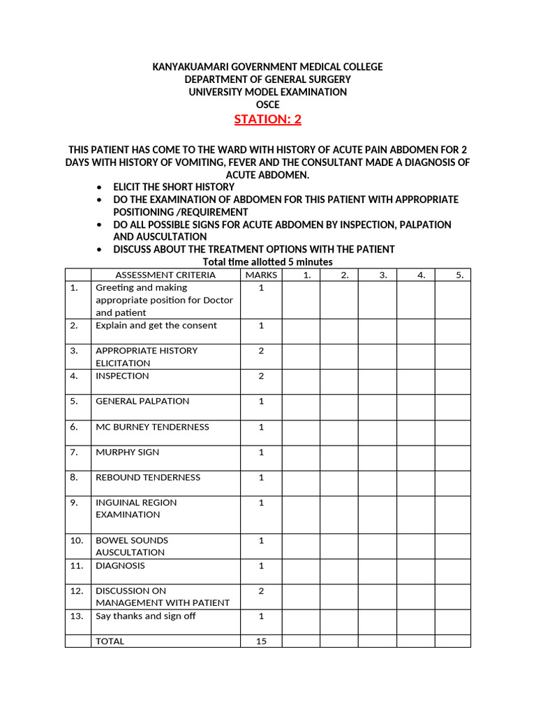 OSCE Exam: Acute Abdomen Assessment | PDF