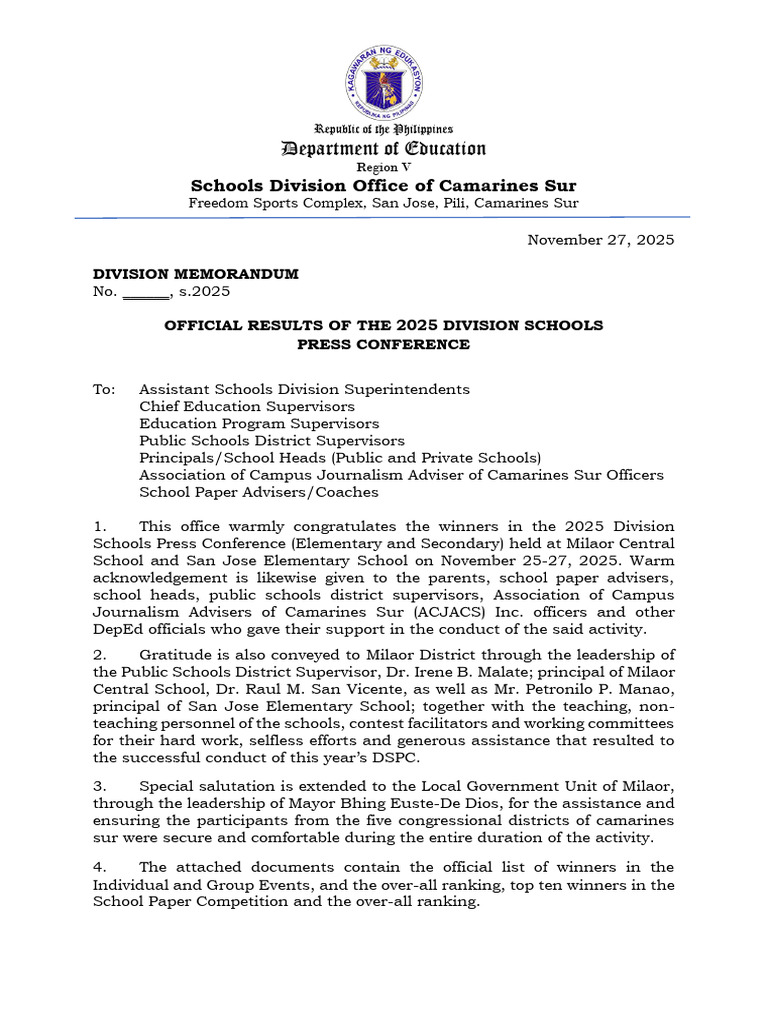 2025 Division Schools Press Conference Results | PDF | Schools ...
