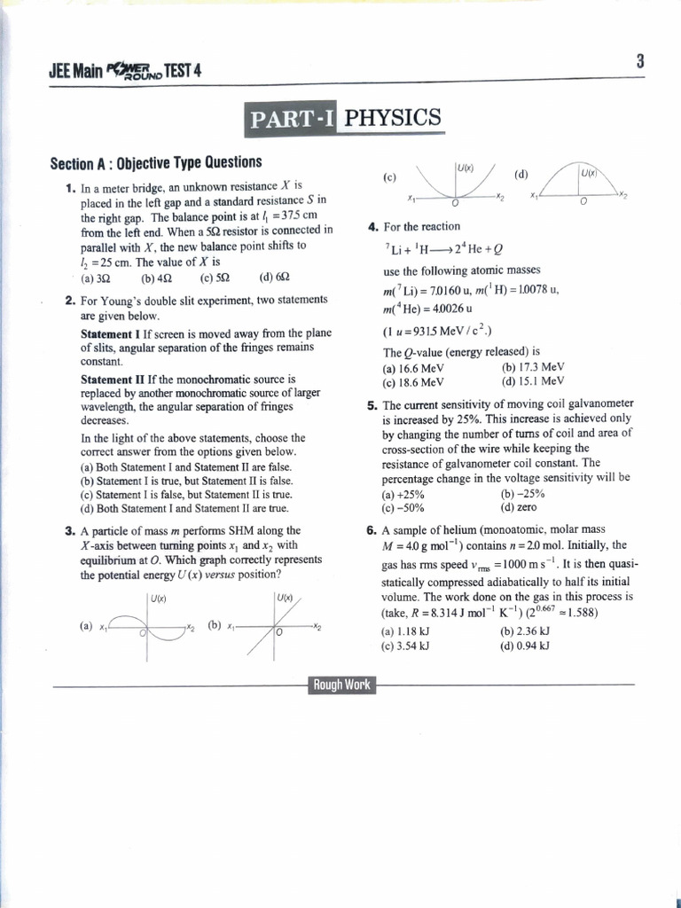 JEE Main Test 4 Physics Questions | PDF | Electronvolt | Chemical Reactions