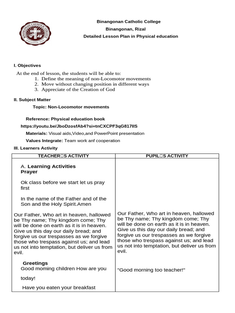 Physical Education Lesson-Plan | PDF | Lord's Prayer | Religious Belief ...