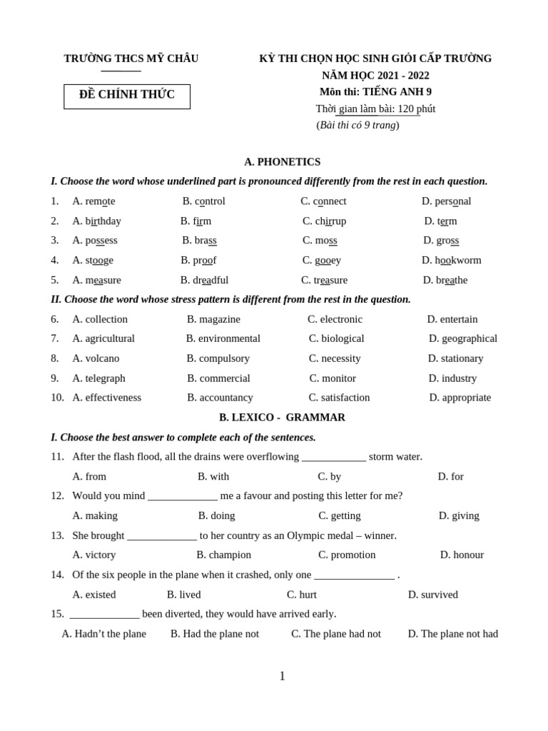 English Exam for Grade 9 Students | PDF | Seabed | Oceans