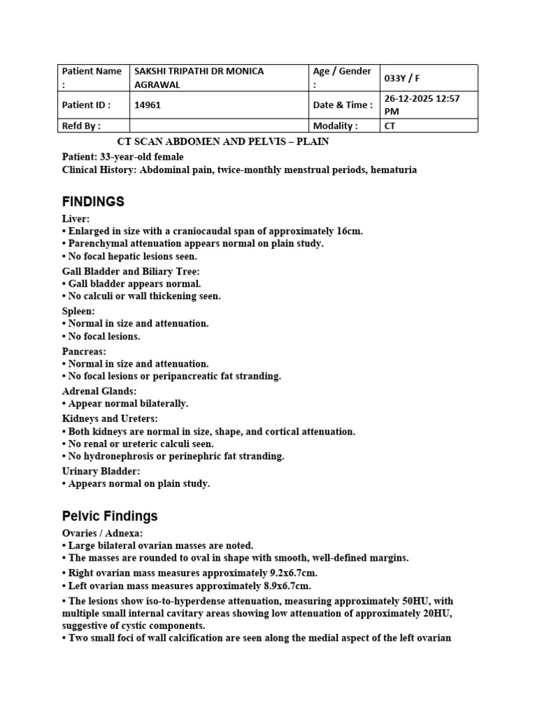 CT Scan Report: Bilateral Ovarian Masses | PDF | Ovarian Cancer | Kidney