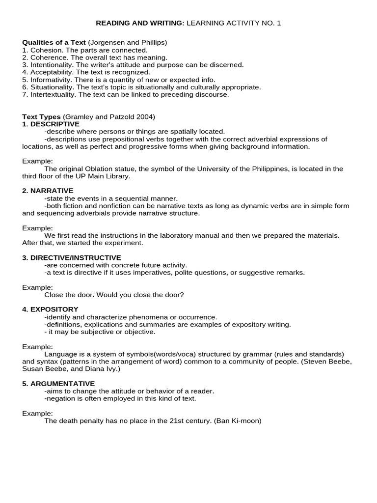 Text Types and Qualities Explained | PDF | Linguistics | Human ...
