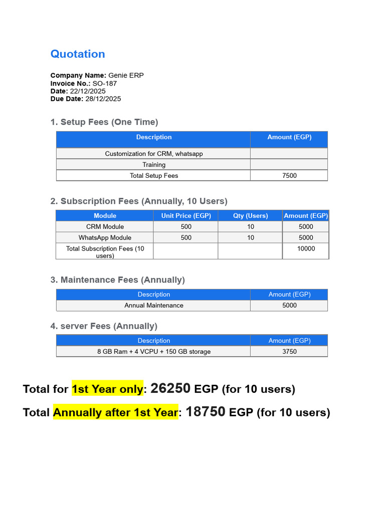 Genie ERP Quotation Breakdown 2025 | PDF
