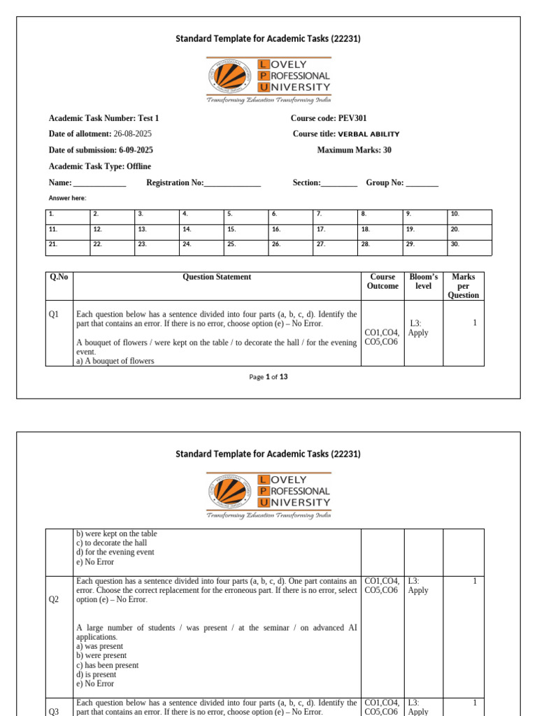 Verbal Ability Error Identification Test | PDF