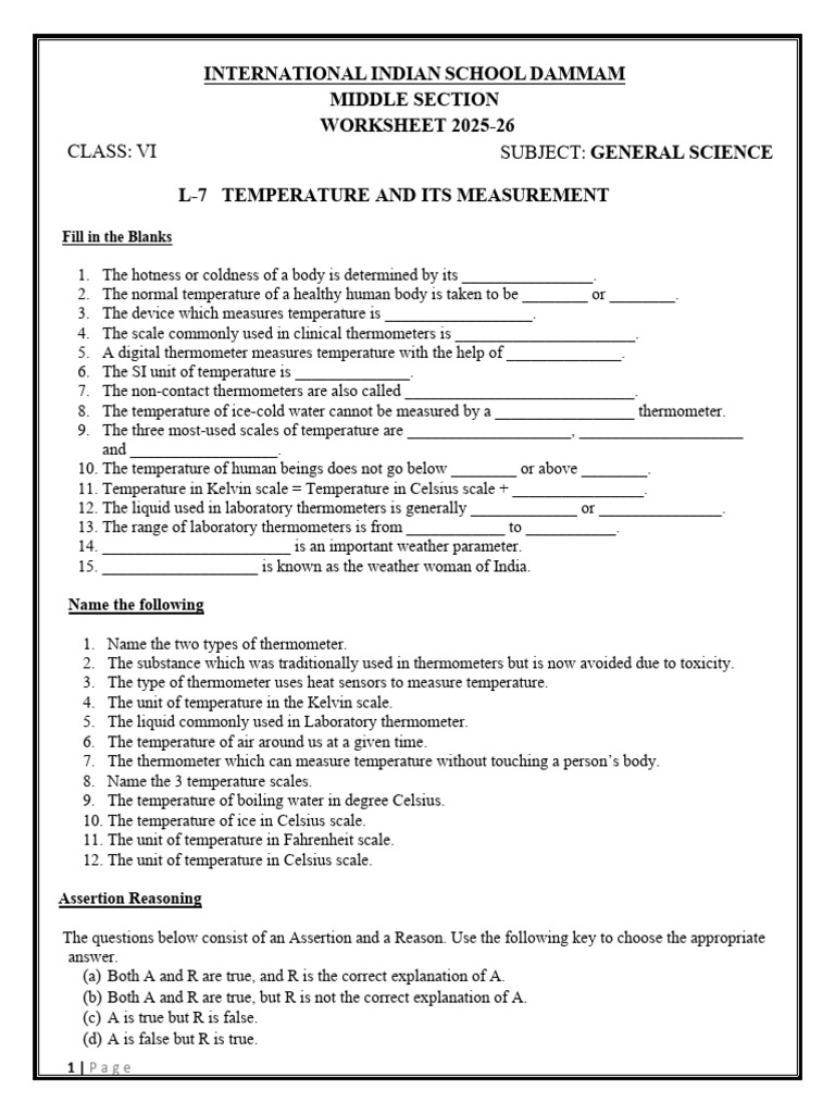 L-7 ,Temperature and Its Measurement- Worksheet.docx | PDF ...