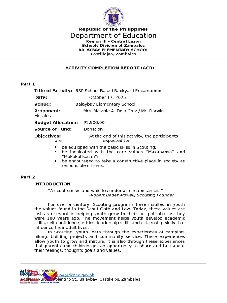 BSP Backyard Encampment Report 2025 | PDF | Scouting | Youth Movements