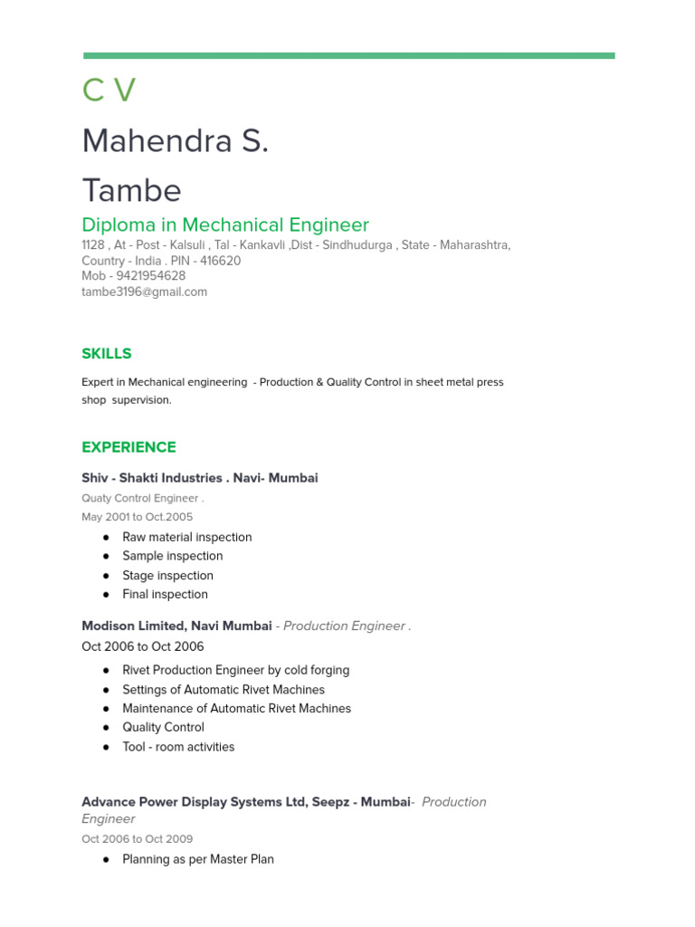 Mechanical Engineer CV - Mahendra Tambe | PDF