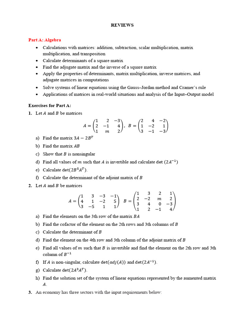 Matrix and Calculus Review Exercises | PDF | Matrix (Mathematics ...