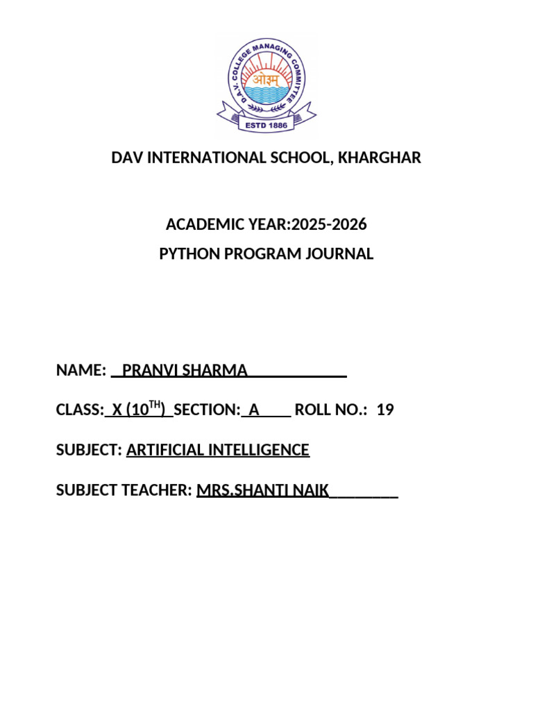 AI JOURNAL CLASS X TERM 1 (PRANVI SHARMA) - Copy | PDF | Area | Python ...