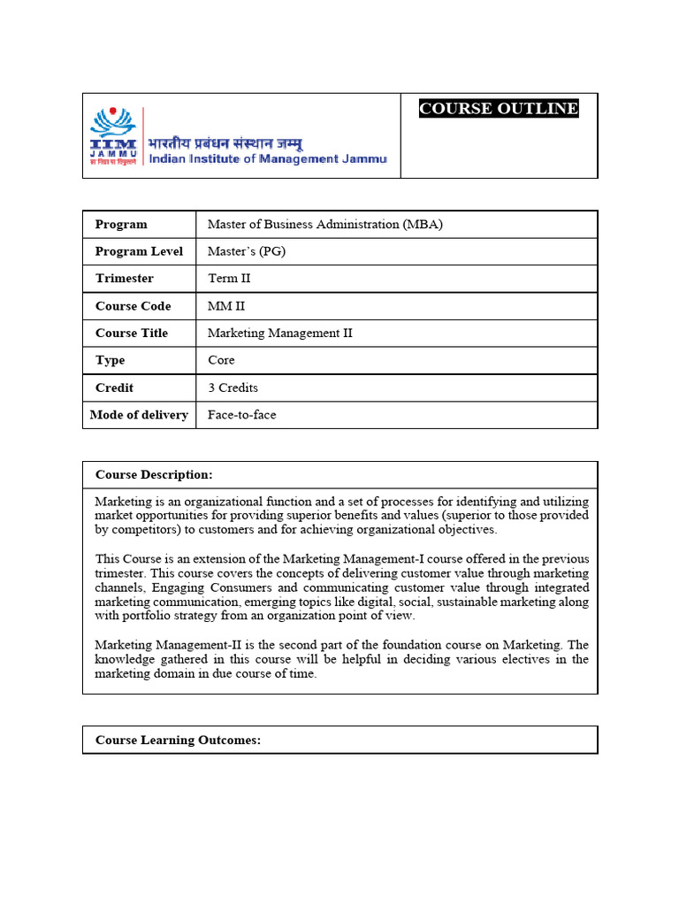 MBA Marketing Management II Course Outline | PDF | Marketing ...