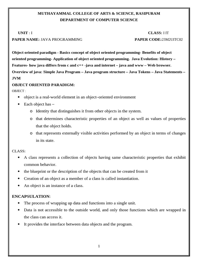 JAVA UNIT I | PDF | Class (Computer Programming) | Java (Programming ...