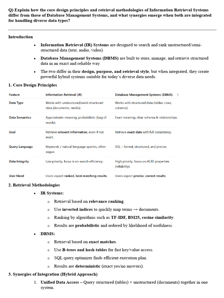 IR vs. DBMS: Design, Retrieval, and Synergies | PDF | Search Engine ...