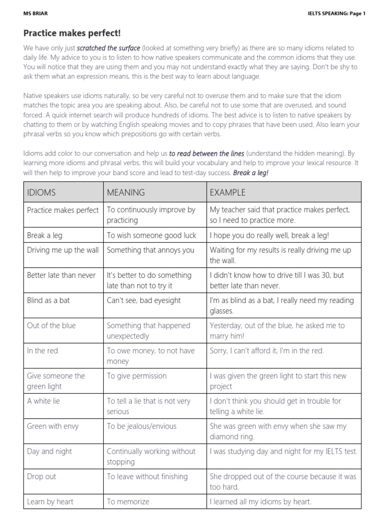 Essential Idioms for IELTS Speaking | PDF | Idiom | English Language