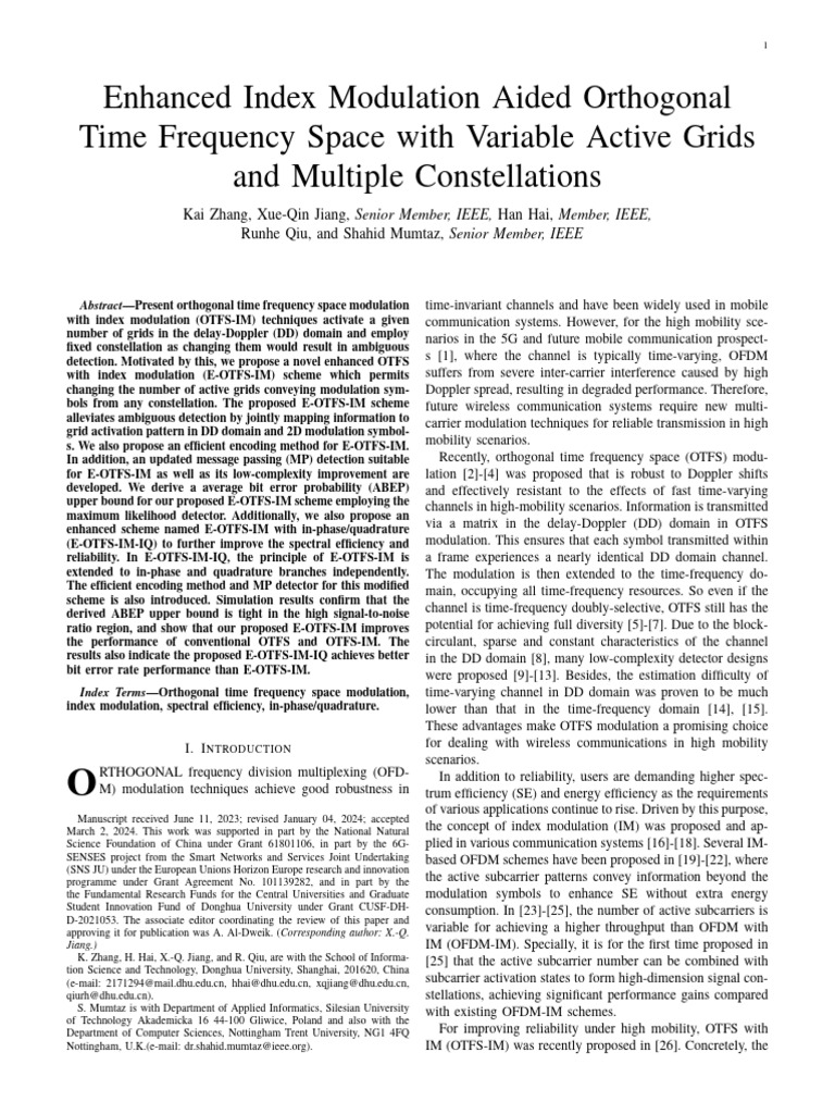 Enhanced OTFS with Index Modulation | PDF | Orthogonal Frequency ...