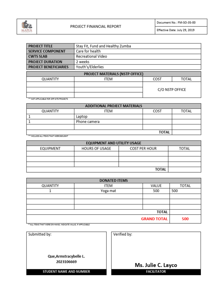 QUE_Project Financial Report | PDF
