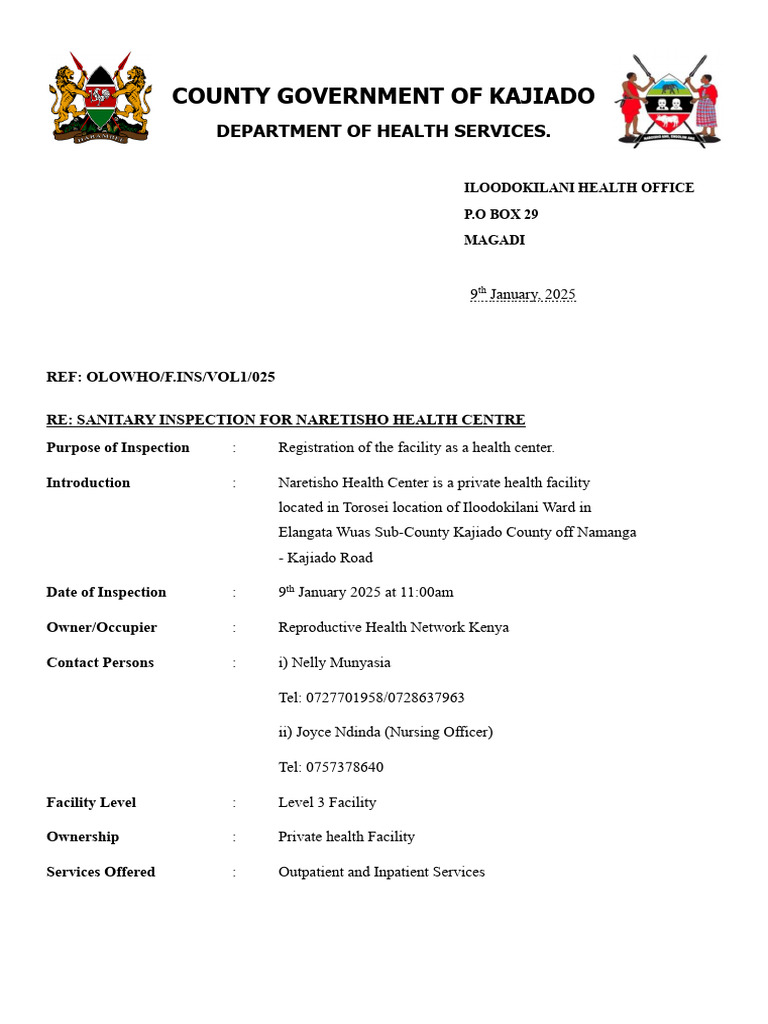Sanitary Inspection Report for Naretisho Health Center | PDF