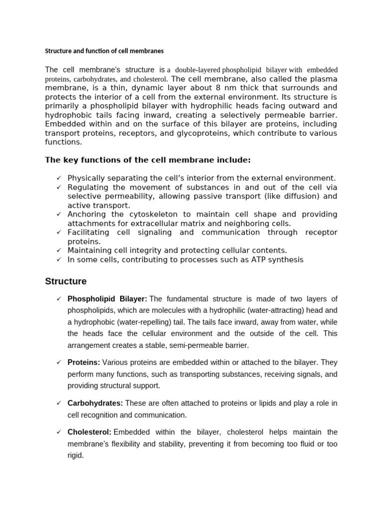 Cell Membrane Structure and Functions | PDF | Cell (Biology) | Cell ...