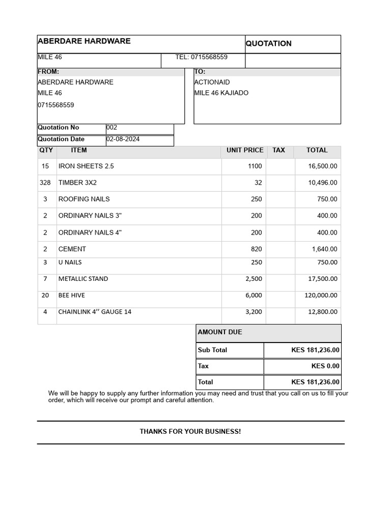 Aberdare Hardware Quotation 002 | PDF