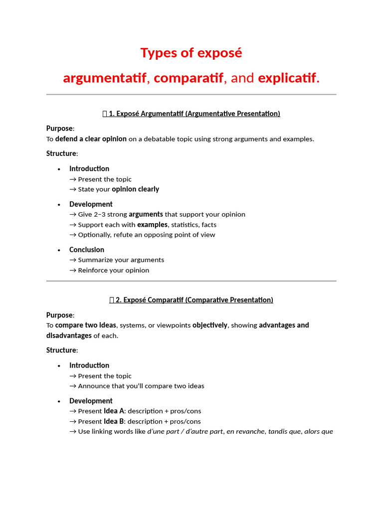 Types d'exposés : Argumentatif, Comparatif, Explicatif | PDF