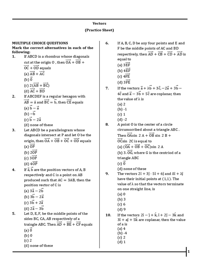 Vectors Practice Sheet: Multiple Choice Questions | PDF | Euclidean ...
