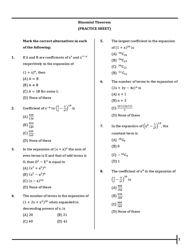 Binomial Theorem Practice Questions | PDF | Mathematics | Number Theory