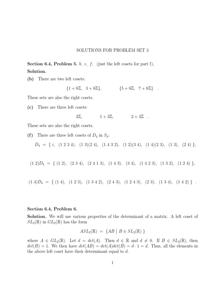 Left Cosets and Group Properties Solutions | PDF | Index Of A Subgroup ...