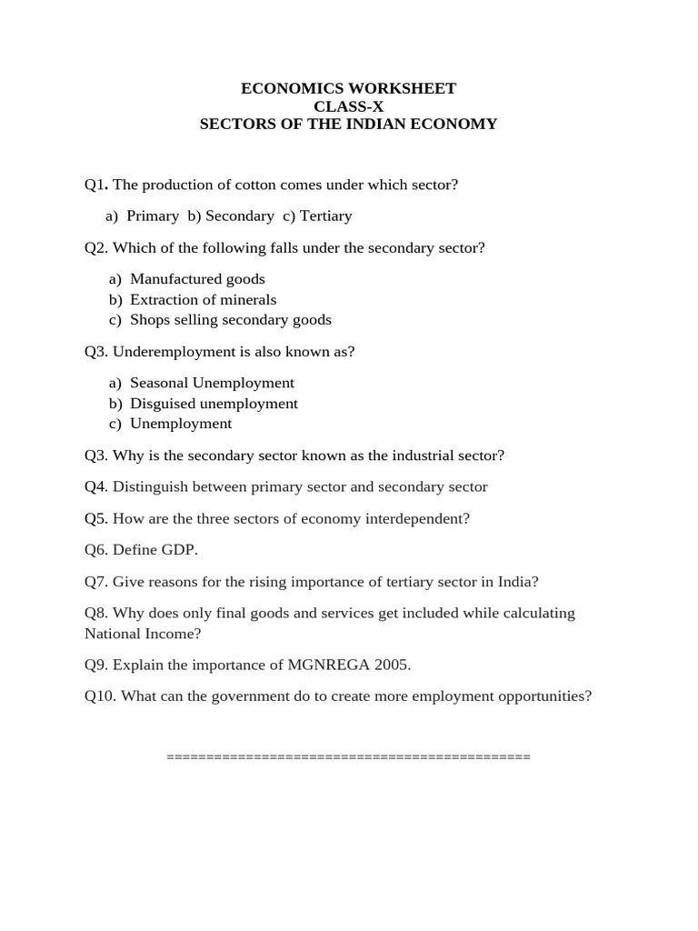 Chapter 2 Sectors of Indian Economy WORKSHEET | PDF
