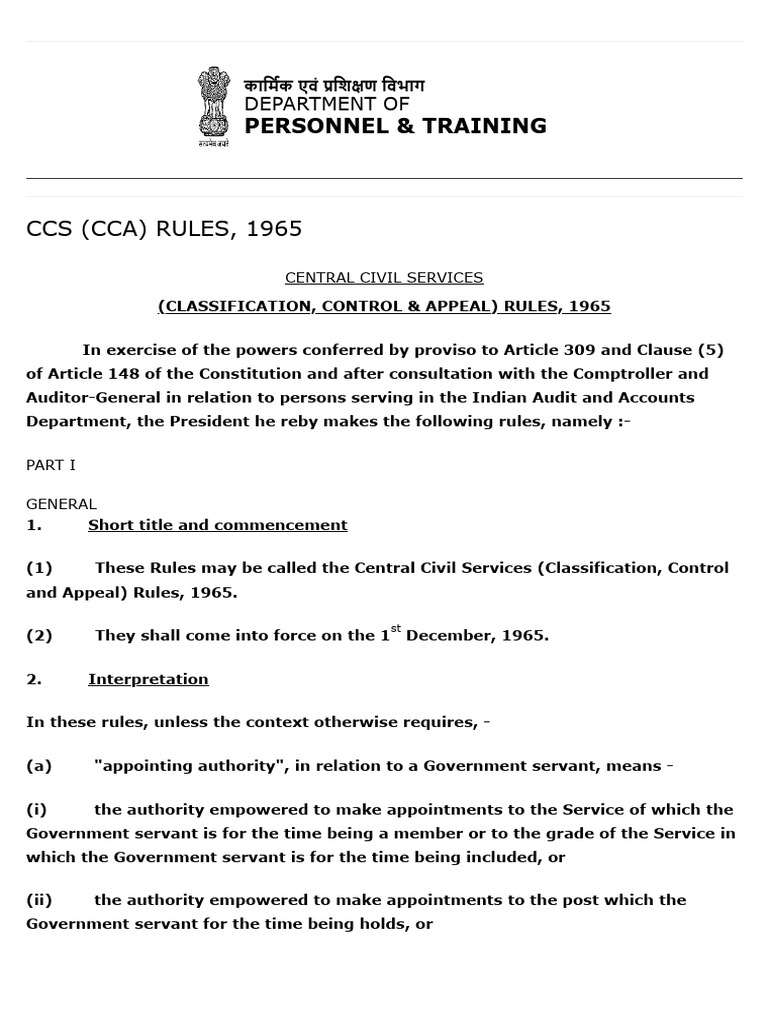 CCS (CCA) RULES, 1965 - Department of Personnel & Training | PDF ...