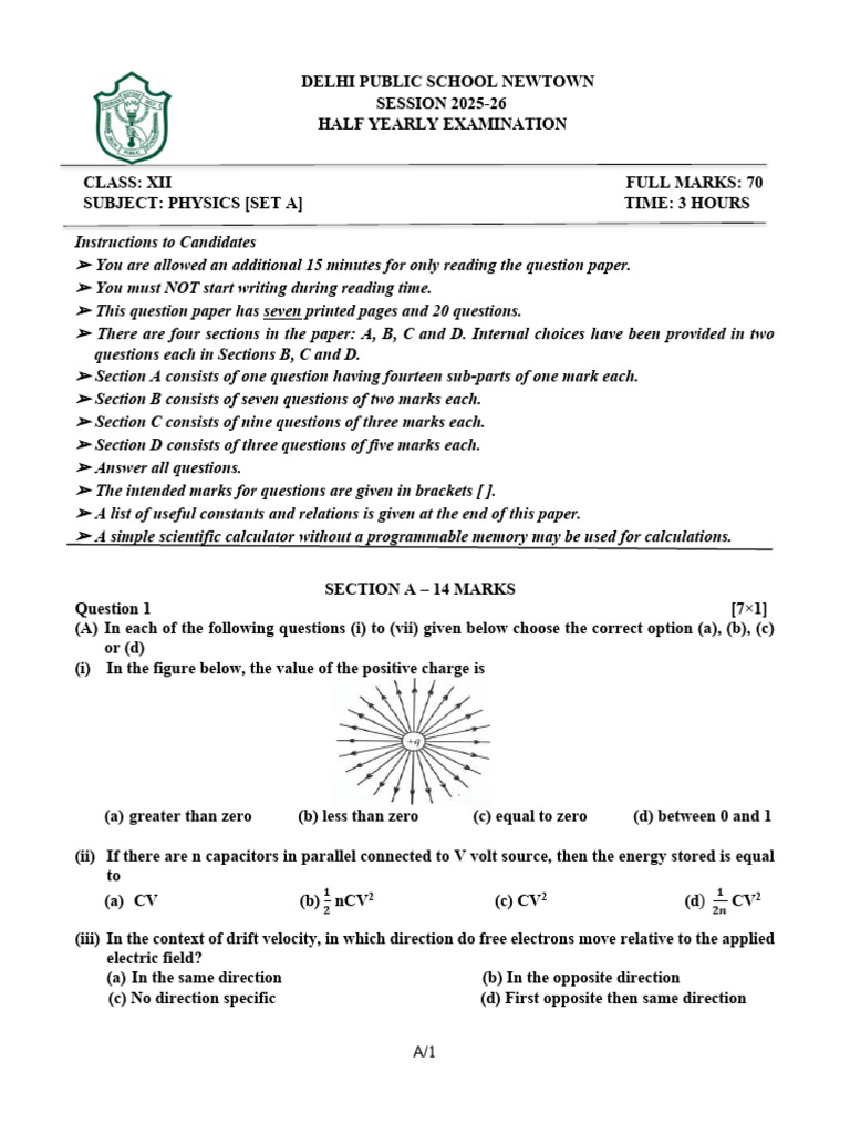 Class XII Physics Half Yearly Exam 2025-26 | PDF | Inductance | Inductor