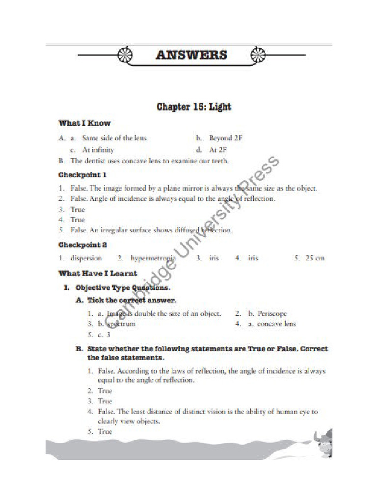 Class 8th Solutions of The Chapter 15 Light | PDF