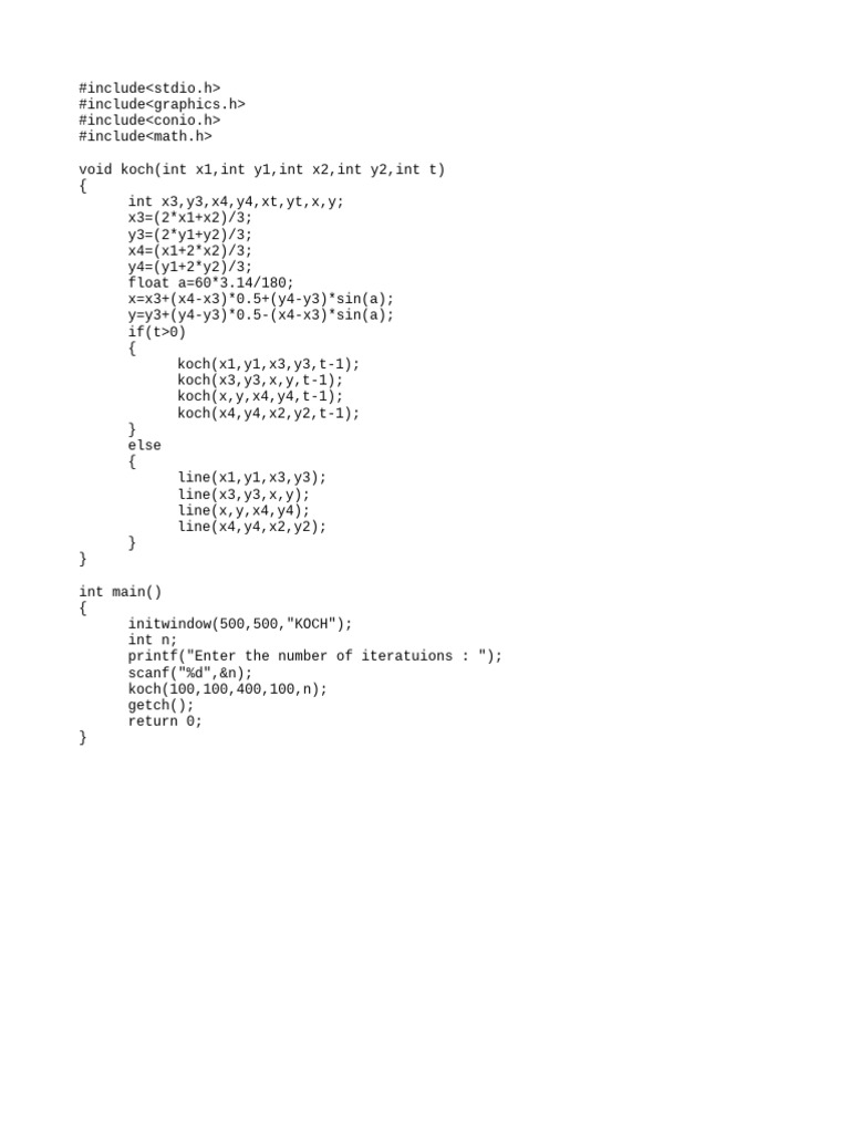 Koch Curve Drawing in C Code | PDF