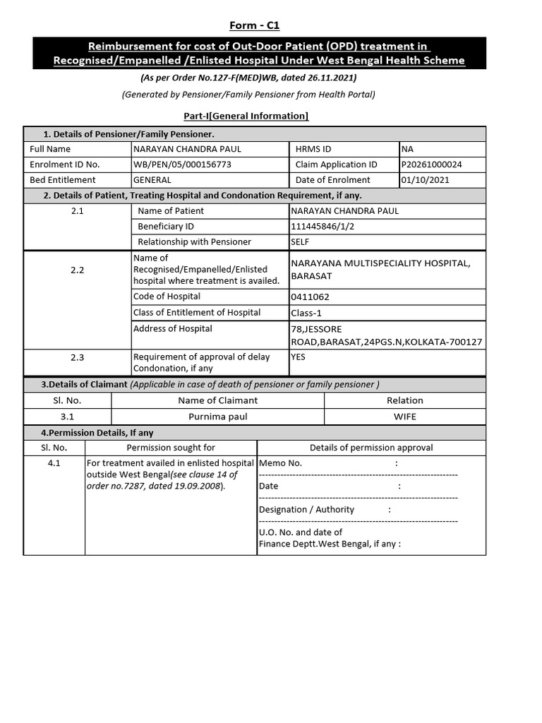 OPD Treatment Reimbursement Form C1 | PDF | Medicine | Health Care