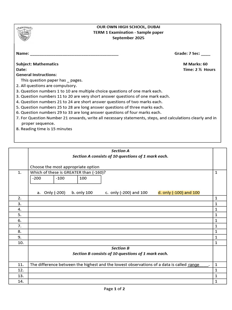 Grade 7 Math Exam Sample Paper | PDF | Reason