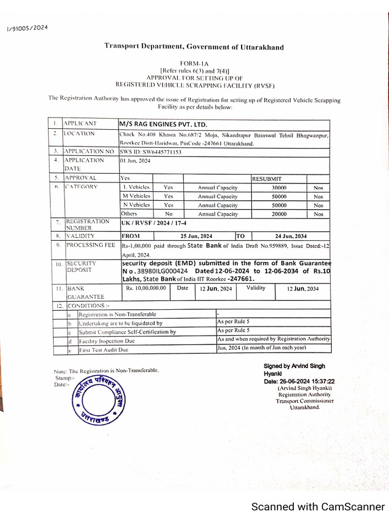 Ms RAG Engines PVT LTD RVSF Licence | PDF