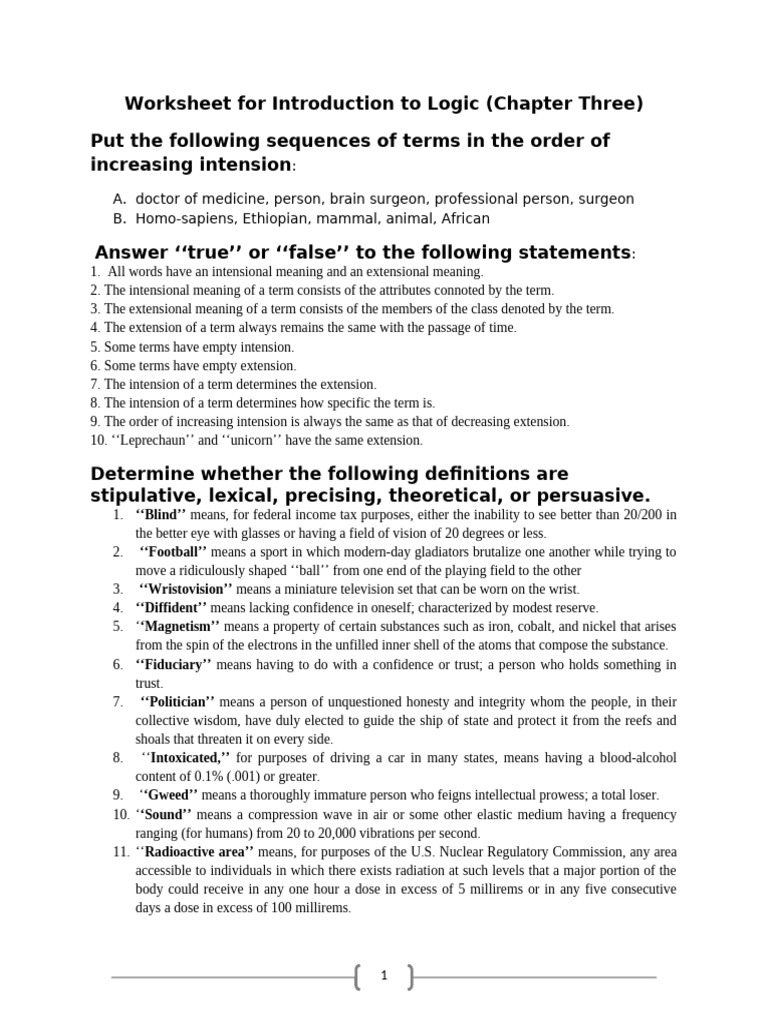 Logic Definitions and Intension Worksheet | PDF | Definition