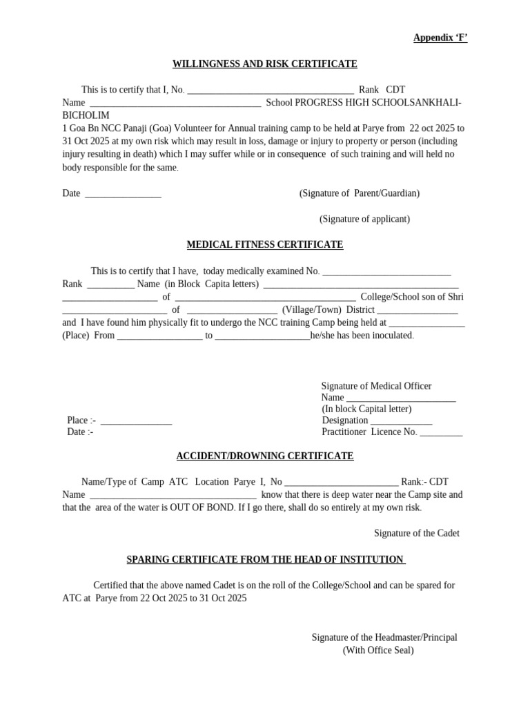 NCC Training Camp Indemnity Certificate | PDF