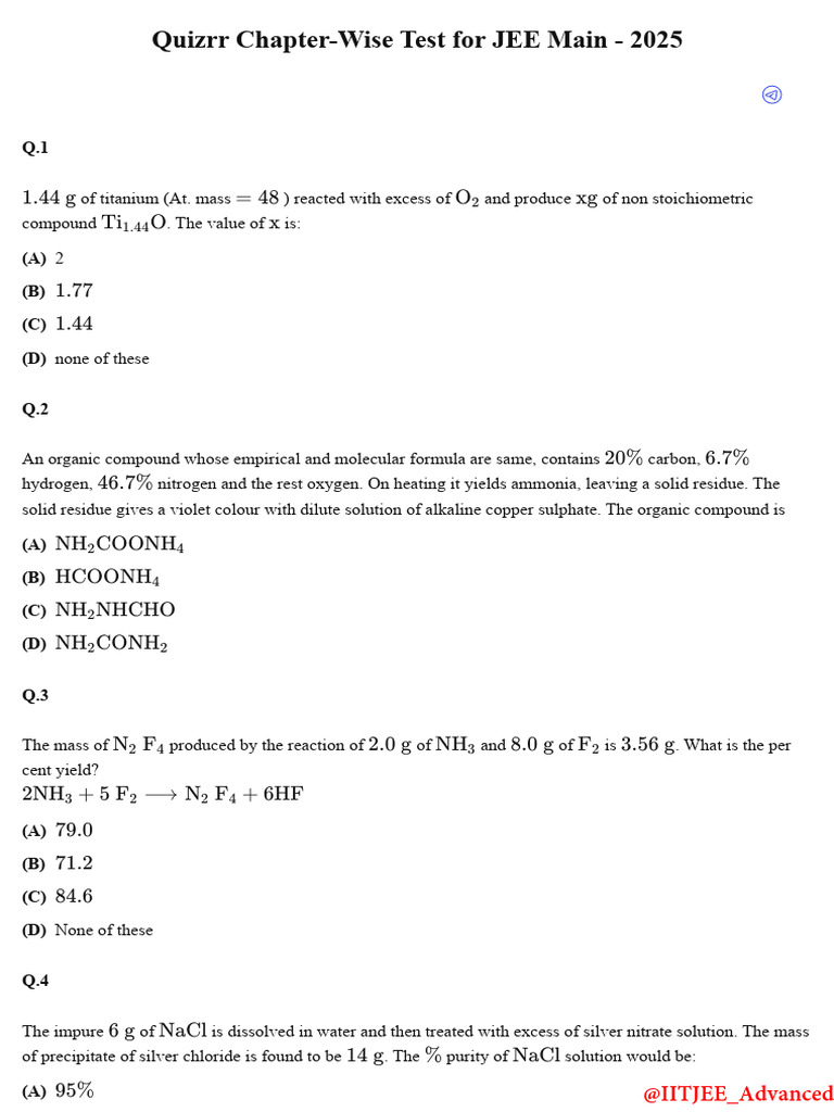 JEE Main 2025 Chapter-Wise Quiz | PDF | Mole (Unit) | Ammonia