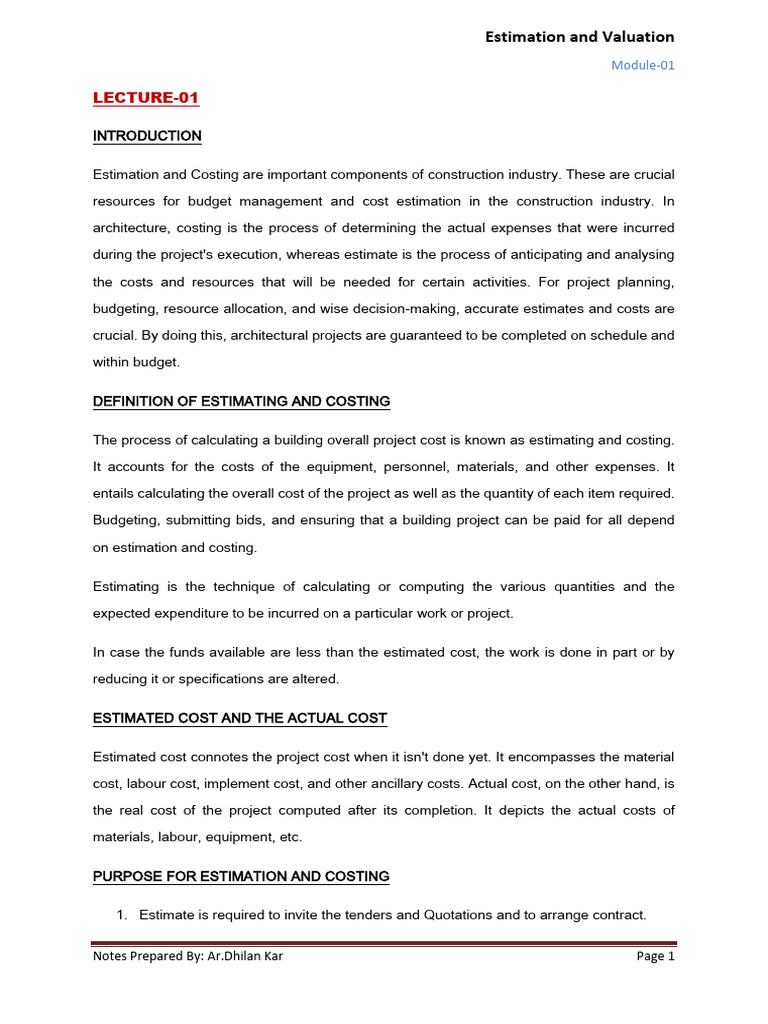 Estimation and Costing in Construction | PDF | Budget | Cost