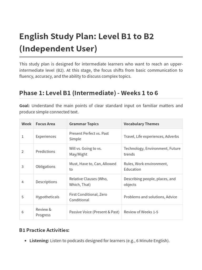 B1 to B2 English Study Plan Guide | PDF | English Language | Fluency
