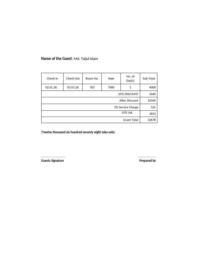 Guest Stay Invoice for Md. Taijul Islam | PDF